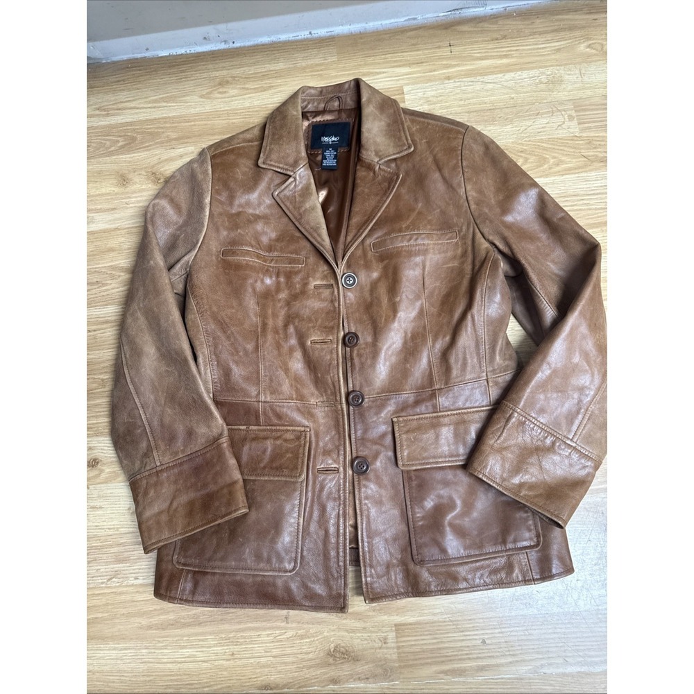 Mossimo Vintage  2000s Brown Genuine Leather Button Up Jacket  Size Med Retro
